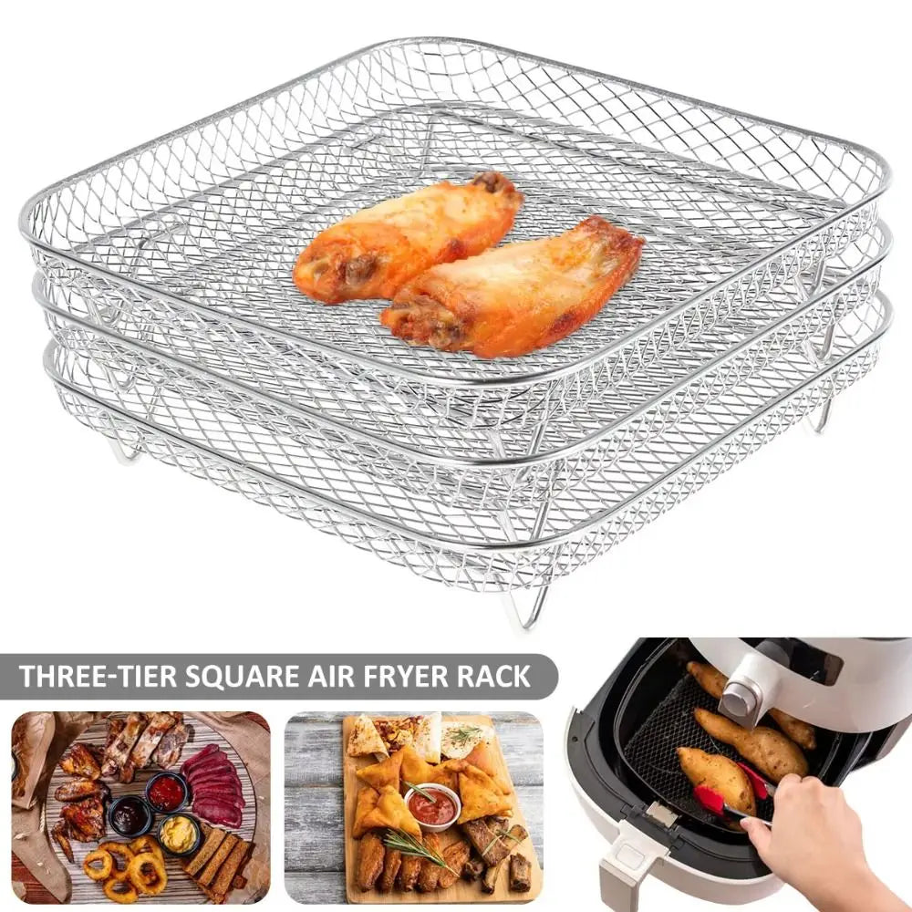 1Pc Air Fryer Rack Stackable Grilling Rack Stainless Steel Grill Basket Non-Stick Airfryer Tray Wire Rack Basket Kitchen Gadgets