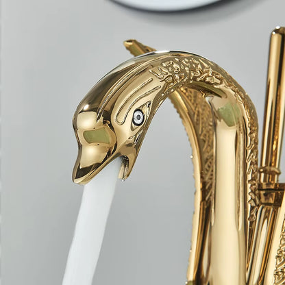 Golden Basin Faucet Deck Mount Sink Short Faucets Swan Shape Single Handle Sink Hot Cold Water Mixer Tap