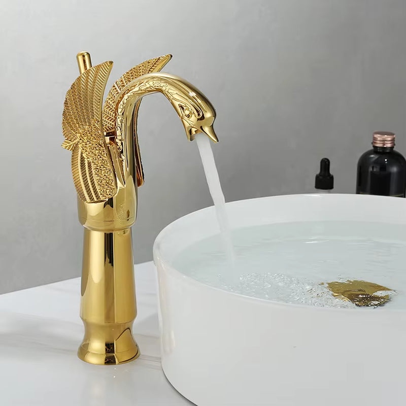 Golden Basin Faucet Deck Mount Sink Short Faucets Swan Shape Single Handle Sink Hot Cold Water Mixer Tap