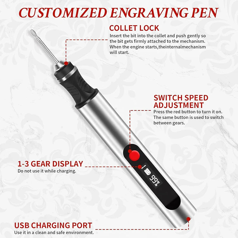 Portable Electric Engraving Pen Kit Mini USB Cordless Rotary Tool Multifunctional Stone Wood Metal Carving Pen DIY Hand Tools